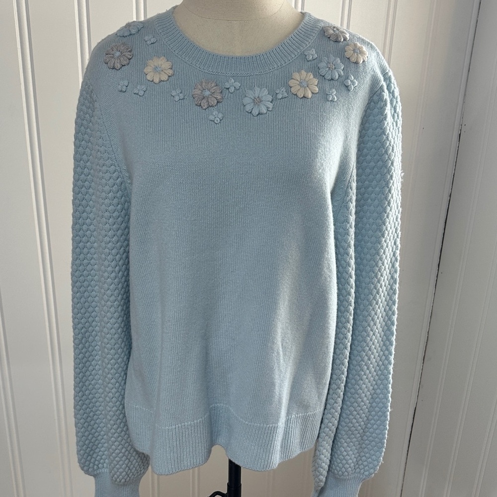 Pure Collection Wool Cashmere Floral Appliqué Sweater Blue Size 14